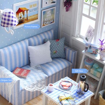 LED Light DIY Miniature Dollhouse Blue Sofa June 2018 - 4 LED Light DIY Miniature Dollhouse Blue Sofa - 4
