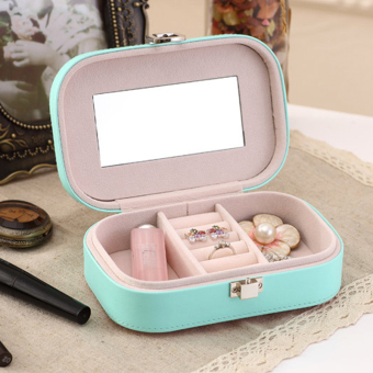 PU Leather Jewelry Storage Box Case Organizer Make-up Mirror Cyan June 2018 - 2 PU Leather Jewelry Storage Box Case Organizer Make-up Mirror Cyan - 2