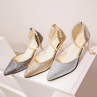 2017 Summer Women Thin Kitten Heels Pumps Woman Slip On Pointed ToeAnkle Bead Strap Sandals Heel High 6cm Silver Color - Intl June 2018 - 3 2017 Summer Women Thin Kitten Heels Pumps Woman Slip on Pointed ToeAnkle Bead Strap Sandals Heel High 6cm Silver Color - intl - 3