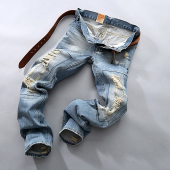 Big Size 28-40 Mens Fashion Ripped Jeans Cotton Straight Casual Denim Trousers Slim Fit Pencil Pants - Light Blue - Intl April 2018 - 2 Big Size 28-40 Mens Fashion Ripped Jeans Cotton straight casual Denim Trousers Slim fit Pencil pants - Light Blue - intl - 2