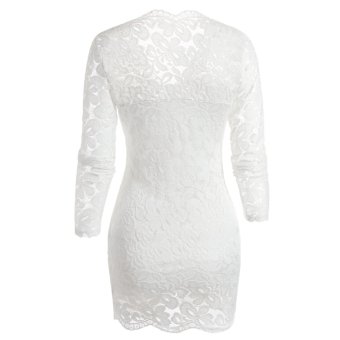 Fancyqube Women V-neck Lace Full Sleeve Mini Dress White June 2018 - 2 Fancyqube Women V-neck Lace Full Sleeve Mini Dress White - 2