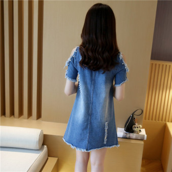 Grandwish Women Denim Ripped Holes Dress With Pearl Design Off Shoulder Dress Slim S-XL (Blue) - Intl June 2018 - 3 Grandwish Women Denim Ripped Holes Dress With Pearl Design Off shoulder Dress Slim S-XL (Blue) - Intl - 3