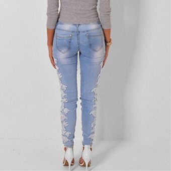 Hang-Qiao Women Lace Splice Jeans Denim Pencil Pants Slim Lightblue - Intl June 2018 - 2 Hang-Qiao Women Lace Splice Jeans Denim Pencil Pants Slim Lightblue - intl - 2