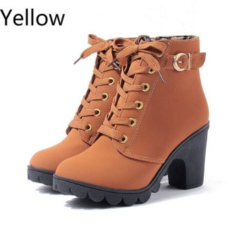 Hanyu Thick PU Leather High Heel Zipper Martin Ankle Boots For Women Yellow June 2018 - 2 Hanyu Thick PU Leather High Heel Zipper Martin Ankle Boots for Women Yellow - 2