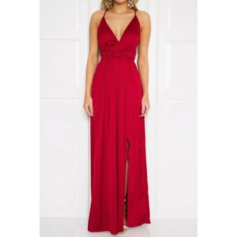 Hanyu Women Sexy Satin Strapless Dress V-Neck Fashion Long Party Dresses (Red) June 2018 - 2 Hanyu Women Sexy Satin Strapless Dress V-Neck Fashion Long Party Dresses (Red) - 2