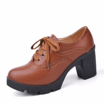 High Heel Women Lace-up Leather Shoes Platform Pumps Ladies ThickHeel Work Shoes (Brown) - Intl April 2018 - 3 High Heel Women Lace-up Leather Shoes Platform Pumps Ladies ThickHeel Work Shoes (Brown) - intl - 3