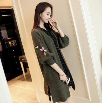 JOY Korean Version Of The Long Section Of Loose Embroidery Cardigansweater Lantern Sleeve Slit Pocket (Green) June 2018 - 2 JOY Korean version of the long section of loose embroidery cardigansweater lantern sleeve slit pocket (Green) - 2
