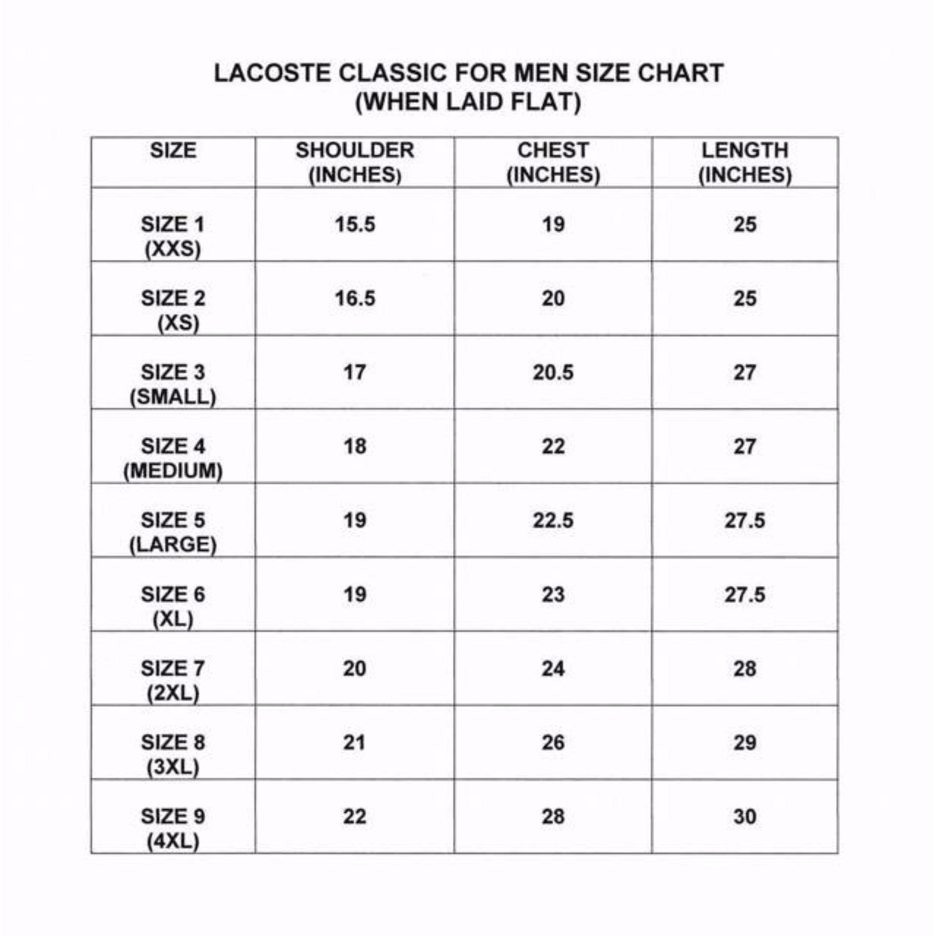 lacoste slim fit polo size chart