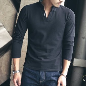Men's Leisure Long Sleeve High-neck Cotton?Casual Polos Black April 2018 - 3 Men's Leisure Long Sleeve High-neck Cotton?Casual Polos Black - 3