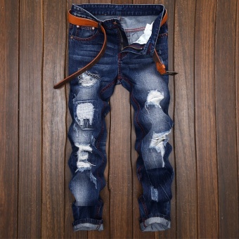 Mens High Quality Patch Jeans Ripped Jeans For Men Holes Pants Denim Trousers- Dark Blue - Intl July 2018 - 2 Mens high quality Patch Jeans ripped jeans for men holes pants denim trousers- Dark Blue - intl - 2