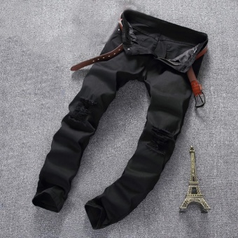 Men's Jeans Moto Black Denim Pants Slim Distressed Ripped SkinnyFit Trousers Black - Intl July 2018 - 2 Men's Jeans Moto Black Denim Pants Slim Distressed Ripped SkinnyFit Trousers Black - intl - 2