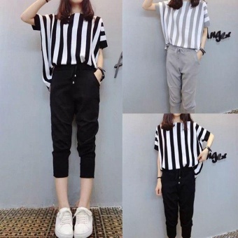 Ocean New Women Fashion Plus Size 2 Pieces Stripe Loose Show ThinTops+Pants(Black) - Intl May 2018 - 2 Ocean New Women Fashion Plus Size 2 Pieces Stripe Loose Show thinTops+Pants(Black) - intl - 2