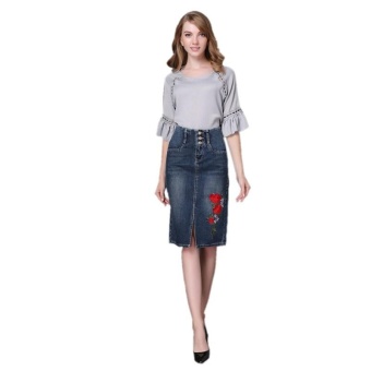Ready Stock Women High Waist Embroidery Split A Line Knee Length Denim Skirts Plus Size S-4xL - Intl June 2018 - 2 Ready Stock Women High Waist Embroidery Split A Line Knee Length Denim Skirts Plus Size S-4xL - intl - 2
