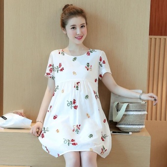 Small Wow Maternity Elegant O-neck Print Cotton Loose Above Knee Dress White - Intl June 2018 - 3 Small Wow Maternity Elegant O-neck Print Cotton Loose Above Knee Dress White - intl - 3