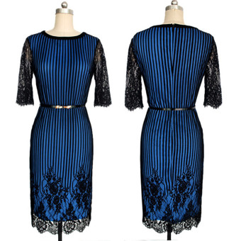 Striped Colorblock Women With Elegant Floral Belt Waist Crochetlace Pencil Dress Evening Dress For Work(Deep Blue) June 2018 - 2 Striped Colorblock Women with elegant floral belt waist crochetlace pencil dress evening dress for work(Deep Blue) - 2