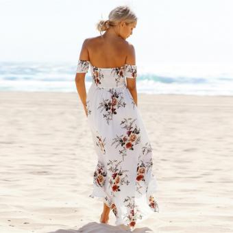Summer Boho Women Maxi Dress Slash Neck Strapless Floral Print Cut Out Pink/White - Intl June 2018 - 3 Summer Boho Women Maxi Dress Slash Neck Strapless Floral Print Cut Out Pink/White - intl - 3