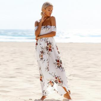 Summer Boho Women Maxi Dress Slash Neck Strapless Floral Print Cut Out Pink/White - Intl June 2018 - 2 Summer Boho Women Maxi Dress Slash Neck Strapless Floral Print Cut Out Pink/White - intl - 2