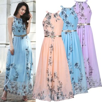 Summer Style Women New Fashion Long Maxi Dress O Neck Floral Print Sleeveless Evening Party Elegant Casual Party Dresses With Belt Blue - Intl June 2018 - 4 Summer Style Women New Fashion Long Maxi Dress O Neck Floral Print Sleeveless Evening Party Elegant Casual Party Dresses With Belt Blue - intl - 4