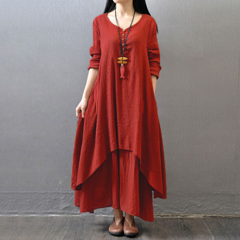 Vestidos 2016 Women Autumn Dress Fashion Plus Size Elegant Loose Full Sleeve V Neck Dress Casual Solid Cotton Linen Boho Long Maxi Dress Brick-Red June 2018 - 3 Vestidos 2016 Women Autumn Dress Fashion Plus Size Elegant Loose Full Sleeve V Neck Dress Casual Solid Cotton Linen Boho Long Maxi Dress Brick-Red - 3