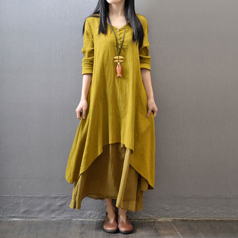 Vestidos 2016 Women Autumn Dress Fashion Plus Size Elegant Loose Full Sleeve V Neck Dress Casual Solid Cotton Linen Boho Long Maxi Dress Yellow June 2018 - 3 Vestidos 2016 Women Autumn Dress Fashion Plus Size Elegant Loose Full Sleeve V Neck Dress Casual Solid Cotton Linen Boho Long Maxi Dress Yellow - 3