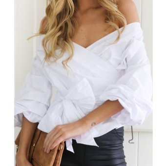 Women Off Shoulder Shirts Long Sleeve Clothe V-neck Slim Blouse(White) - Intl May 2018 - 2 Women Off Shoulder Shirts Long Sleeve Clothe V-neck Slim Blouse(White) - intl - 2
