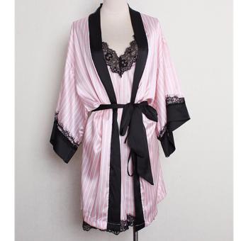 Women Striped Silk Pijama Sexy V-neck Silk Lace Robe Set Sleep Wear2pcs Soft Woman Nightgown - Intl June 2018 - 4 Women Striped Silk Pijama Sexy V-neck Silk Lace Robe Set Sleep Wear2pcs soft woman nightgown - intl - 4