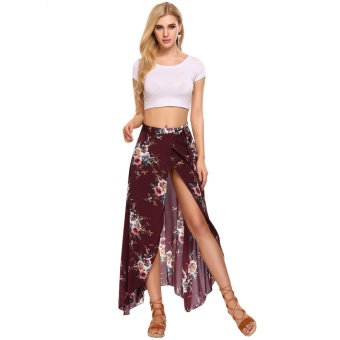 Women Summer Bohemian Style Chiffon Floral Print Side Split Skirt Wine Red - Intl June 2018 - 3 Women Summer Bohemian Style Chiffon Floral Print Side Split Skirt Wine Red - intl - 3