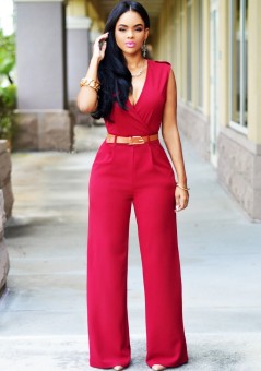 Womens Jumpsuit Sexy V-neck Wide Leg Slim Casual Overalls(Red) July 2018 - 2 Womens Jumpsuit Sexy V-neck Wide Leg Slim Casual Overalls(Red) - 2